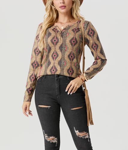 IWOLLENCE Womens Long Sleeve Aztec Western T Shirts Vintage Geometry Graphic Henley Tops Casual Button Down Blouse4