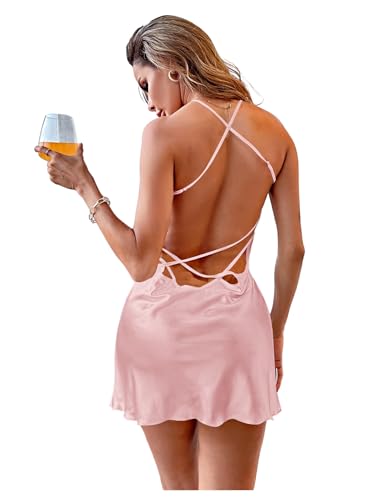 Image of RoseSeek Women's Spaghetti Strap Silk Nightgown Sexy Satin Mini Slip Dress