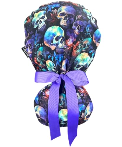 Image of Scrub Cap for Women and Men, Ponytail Scrub Caps, Working Hat, Head Cover with Ribbon Ties and Buttons, Long Hair