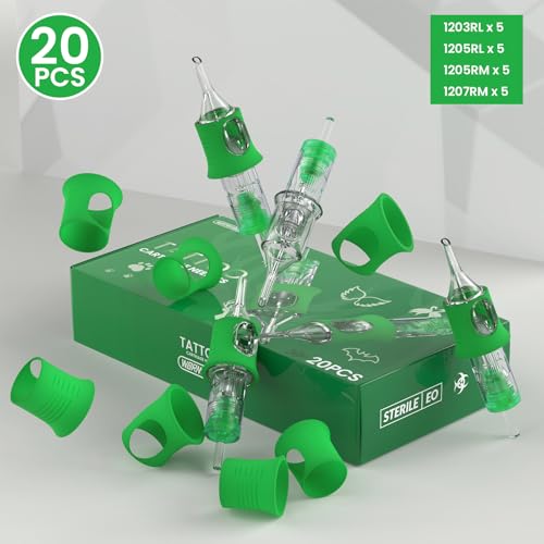 Wormhole Tattoo Needles Tattoo Cartridge Needles 20Pcs Mixed Sizes 1203RL 1205RL 1205RM 1207RM Disposable Tattoo Needle Cartridges with Finger Ledge Round Liner Shader Magnum for Tattoo Machine Pen - Thumbnail 2