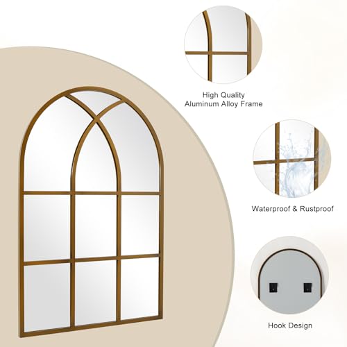 Image of Arched Window pane Wall Mirror 30 inchx48 inch, Window Shaped Farmhouse Style with Aluminum Frame, Decorative Wall Mirror Leaning Hanging for Living Room, Courtyard, Bedroom, Entryway, Bronze