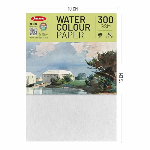 Image of Anupam Professional Watercolour Paper | A6 (15X10CM) 300 GSM Cold Pressed Paper |Acid-Free 40 Sheets | Ideal for Artist, Professional Drawing, Painting Dry & Wet, Fine Art, School, Students