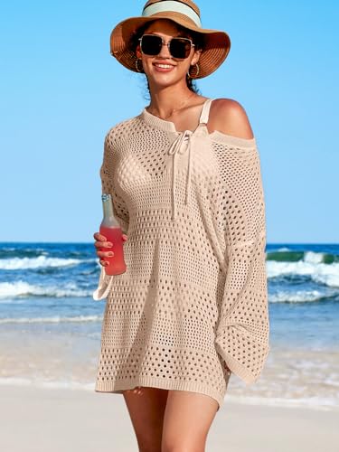 Women Drawstring Cover up Beach Dress Long Sleeves Crochet Tops Swim Bikini Bathing Suit Coverups3