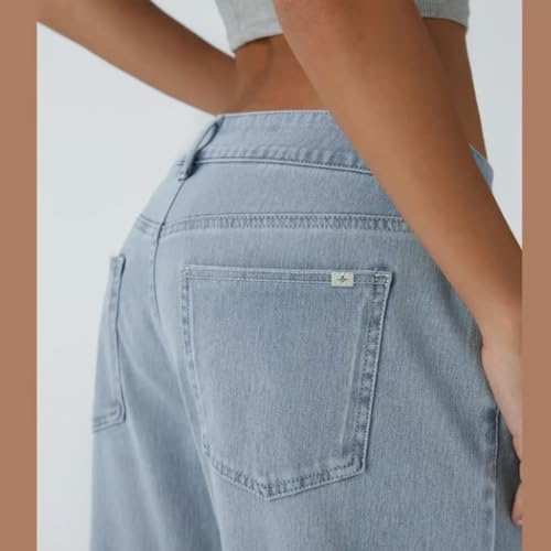 Asymmetrical Low-Rise Loose Jeans, Washed Casual Jeans, Straight Wide Leg Loose Fit Denim Pants, Trendy Stretch4