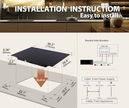 Induction Cooktop 30 Inch with 4 Burners Built-in Induction Stovetop with Boost Timer Child Safety Lock 9 Power Levels Shutdown 7000W for RV, Apartment, Kitchen