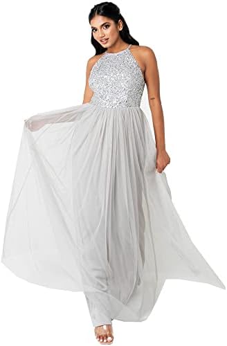 Maya Deluxe Damen Maya Soft Grey Embellished Halter Neck Maxi Dress Brautjungfernkleid, Soft Grey, 34 EU (UK 6)