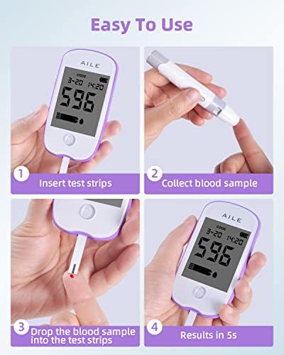 Blood Glucose Monitor Kit for Diabetes: AILE Blood Sugar Machine Test Kit Diabetics Meter Test Strips x 50 - Low Pain Lancing Devices x 50 for Home Use Testing Monitoring 5 Seconds Accurate