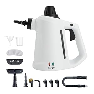 Ibergrif Handdampfreiniger, 1050W Tragbarer Dampfreiniger, 3 Bar Hochdruck, 12-teiliges Zubehörset inkl. Kupferbürste, Natürliche Reinigung für Fenster, Polster, Fugen & Auto, Weiß