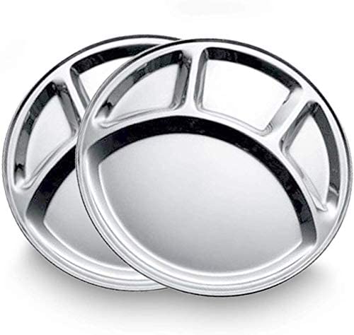 Bignay Stainless Steel Four Compartment Round Plate, Thali, Mess Tray, Dinner Plate, Great for Camping, Kids Lunch and Dinner or Every Day Use,13 inch - Set of 2