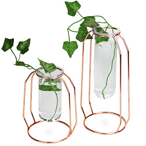 Floreros de centro de mesa de oro rosa - Juego de 2 | Decoración de flores altas y cortas | Jarrones cilíndricos transparentes minimalistas | M&W