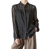 100% Silk Blouse for Women Long Sleeve Vintage Collared Button Down Shirts Tops(Black, m)