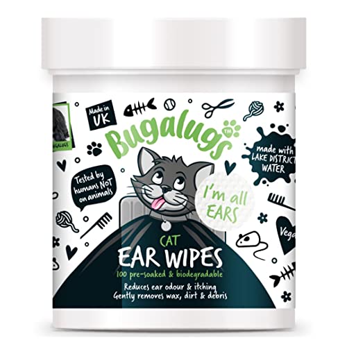 BUGALUGS Cat Ear Cleaner Cat Wipes 100 Biodegradable textured pre-soaked cat ear wipes. Pet Wipes Cat Ear Cleaner Solution Stops Head Shaking