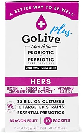 GoLive Probiotic for Women – Sugar-Free Synbiotic Powder with Prebiotics, Cranberry, Biotin, B12 & D3-25 Billion CFUs, 10 Clinical Strains – Supports Vaginal, Digestive, UT & Immune Health
