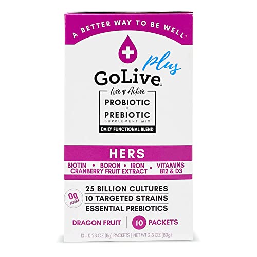 GoLive Probiotic for Women – Sugar-Free Synbiotic Powder with Prebiotics, Cranberry, Biotin, B12 & D3-25 Billion CFUs, 10 Clinical Strains – Supports Vaginal, Digestive, UT & Immune Health