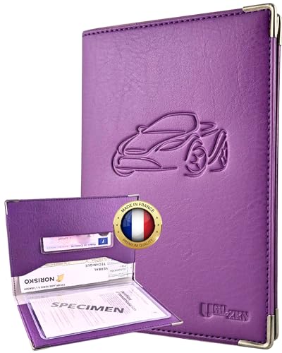Ugozen Pochette Carte Grise Luxeo | Porte Papier Voiture Etui 3 Volets Cristal Inclus. Violet