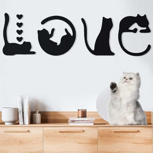 Image of WINUSD 2025 Cat Black Metal Wall Art, 8 Piece Metal Artwork for Wall, 3D Modern Black Wall Decor, 4pcs Black Cat Metal Wall Art for Living Room & 4pcs Love Signs for Home Decor