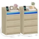 Hzuaneri Bedside Tables Set of 2 with 3 Drawers, Bedside Cabinet, Side Table with Charging Station and LED, 2 AC and 2 USB Ports, Nightstand for Bedroom, Living Room, End Table, White Oak NS40116XUK