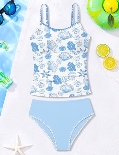 Image of Girls Swimsuit Solid Color Tankini Contrast Trim Swimwear 2 Piece Bathing Suit Padded Swimsuits for Teens 9-16Y