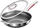 Silberkaro aus Edelstahl Nicht-Stick-Wok-Pfanne, Waben-Pot-Boden-Flachboden-Woks, keine chemisch beschichteten flachen unteren chinesischen Pfannen mit Visualisierungsglas, für alle Herdtops-34cm (34