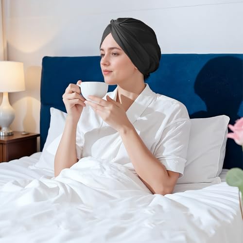 NEUJUS Seidenhaube zum Schlafen für gesunde Haare & lange Haare | Schlafhaube Seide verhindert Frizz, Haarbruch & Spliss | Silk Bonnet für Damen mit Locken & Haarhaube für die Nacht (Schwarz)