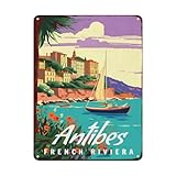Cartel De Chapa Paisajes Turísticos De Antibes, Riviera Francesa Tin Sign Decoración Letrero De Estaño Vintage Pared Muestra para Baño Restaurante Cafetería 20X30CM