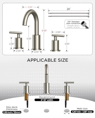 Image of FORIOUS 2 Pack Brushed Nickel Bathroom Faucet 3 Hole with Pop Up Drain and 24 inch Supply Hose, 2 Handle 8 in Widespread 3 Hole Vanity Faucet for Bathroom Sink Brush Nickel with 360 Swivel Spout
