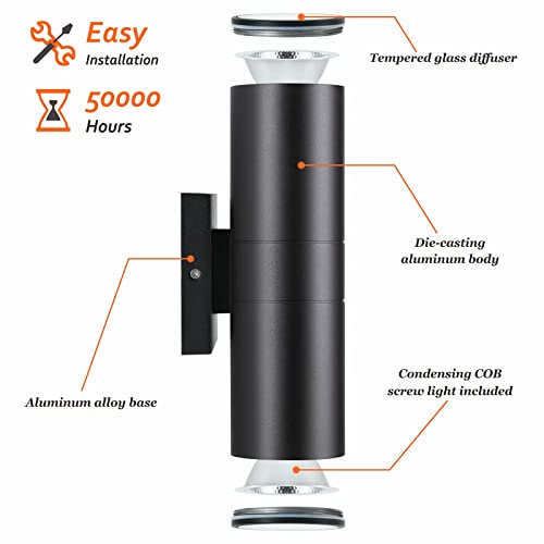 Image of DAKAFUL Outdoor Wall Lights 6Pack, Integrated LED Cylinder Up Down Lights, 12W 2700K Aluminum Exterior Wall Light, Outdoor Light Fixture for Porch Patio Door