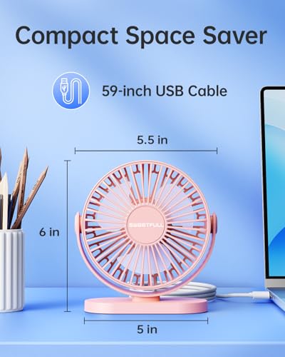 Image of SWEETFULL USB Desk Fan Small Quiet - 3 Speeds Mini Personal Portable Fan 360 Rotation Adjustable, 5.5 Inch Office Table Cooling Gadgets on Desktop (Pink)