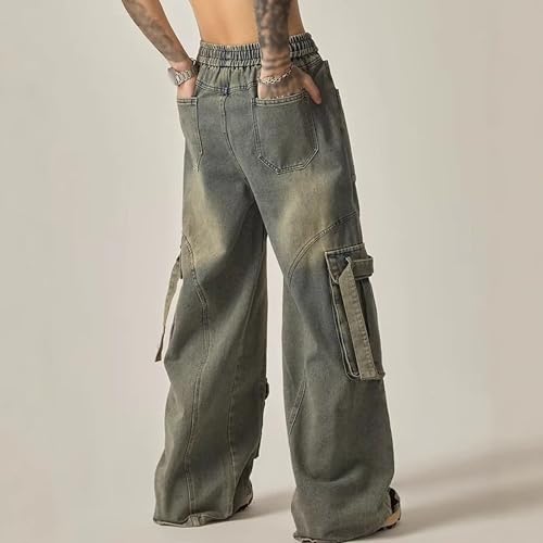 Vintage Streetwear Cargo Jeans for Men High Waist Loose Fit Wide Leg Utility Denim Pants Casual Blue3
