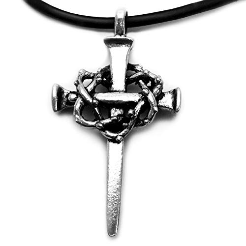 Forgiven Jewelry Nail Cross Crown Of Thorns Pewter Antique Silver Metal Finish Pendant Black Rubber Cord Necklace #TOP12