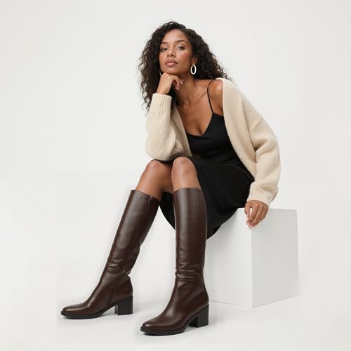 Image of Easyfox Womens Knee High Boots Chunky Low Heel Round Toe Tall Long Boots