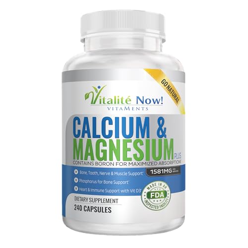 Vitalité Now! Calcium Magnesium Supplement with Vitamin D - 10 Forms of Calcium 1000mg for Maximum Absorption - Bone Strength Support with Boron and Phosphorus - 240 Capsules - 2 Month Supply