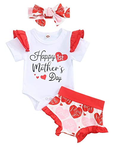 Baby Girl Mother's Day Outfits Ruffle Sleeve Letter Printed Romper Tops + Love Shorts Cute Baby Girl 3PC Outfit Set(0-3M)â€¦