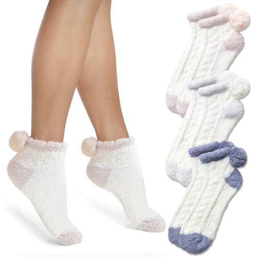 Image of 3Pairs Ankle Socks Low cut Pom Pom Fluffy Fuzzy Warm Winter Plush Slipper Socks For Women