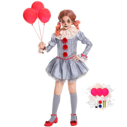 Fooecor Halloween Scary Clown Costume for Girls, Includes Balloons & Makeup Kit