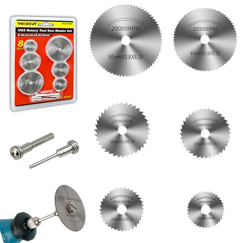 Rotary Drill Saw Blades for Dremel Rotary Tool, Dremel Accessories Cutting Wood Metal Plastic Aluminum, 8Pcs Set Including 6pcs HSS Cutting Discs with 1/8 and 1/4 Round Shank Mandrels