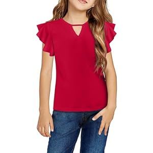 Arshiner Girls Shirts Short Sleeve Tee Ruffle Solid Summer Keyhole Neck Cotton Blouse Tops