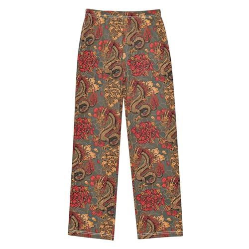 Dragon Peony Flowers Boys Long Pants Soft Trousers Elastic Waist Kids Lounge Bottoms with Pockets S-XL