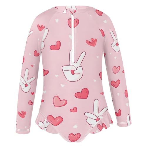 CHIFIGNO Quick Dry One Piece Swimsuit for Girls Cute Hearts Peace Pink Long Sleeve One Piece Swimsuit 3T2