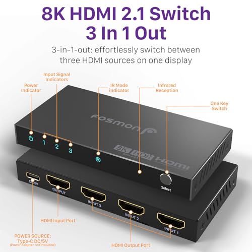 Image of Fosmon 3 in 1 Out 8K HDMI 2.1 Switch (8K@60Hz) with Remote 4K@120Hz 48Gbps | 3-port 8K HDMI switcher with IR remote supports high speed 48Gbps HDR10+ HDCP 2.3 splitter hub for PS5 Xbox PC laptop and TV.