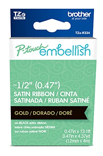 Image of Brother P-Touch Embellish Gold Print on Black Satin Ribbon TZER334 - ~ inch Wide x 13.1' Long for use with P-Touch Embellish Ribbon & Tape Printer