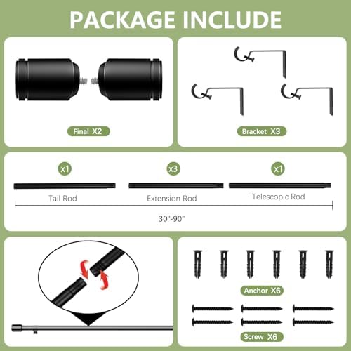 5/8” Diameter Curtain Rods 30-90 Inch, for 30-84 Inch Windows, Adjustable Splicing Black Curtain Rods for Windows with Brackets, Window Rod Long Small Curtains Rod - 2