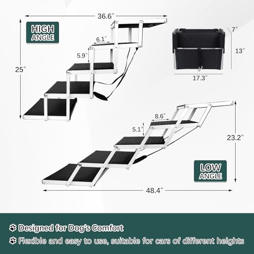 Dog Stair,Dog Ramps for Large Dogs SUV,Dog Ramp for Car,Dog Steps for Cars and SUV,Lightweight Aluminum Foldable Dog Ramp for High Beds, Trucks, Supports Up To150-200lbs,5 Steps