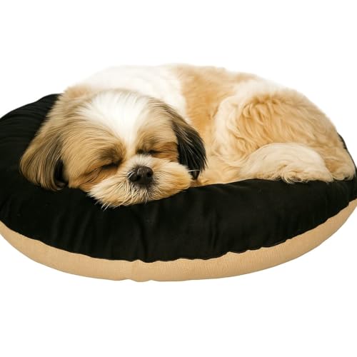 Image of The Pets Company Calming Dog & Cat Bed | Soft Fluffy Donut Reversible, Washable Pet Bed for Puppies | Cozy Plush Anti-Anxiety Cushion |, (L-26 Inch x B-26 Inch x H-4 Inch), Black & Beige-Small