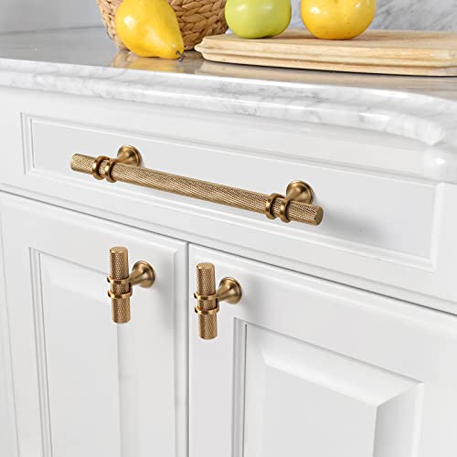 Asidrama 10 Pack Knurled Champagne Bronze Kitchen Cabinet Knobs Gold Dresser Knobs Drawer Knobs Single Hole Cabinet T Bar Pull Handles For Kitchen Wardrobe Cupboard #TOP1