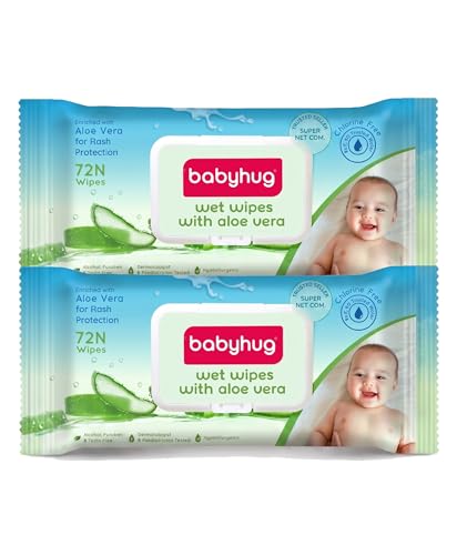 Image of BABYHUG Wet Wipes with Aloe Vera | 98% Water Based | pH Balanced | Paraben & Alcohol Free (Pack Of 2)(Count 144 Wipes)