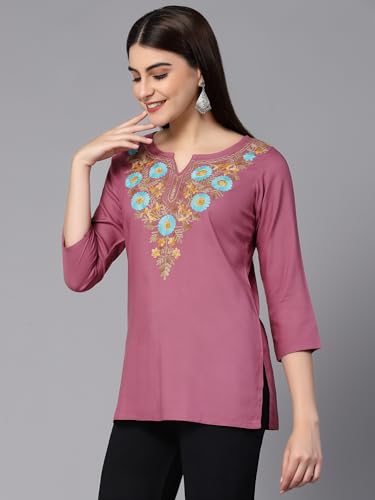 Image of QAZMI Women's Rayon Cotton Straight Keyhole Neck Three-Quarter Sleeves Israa Kashmiri Embriodered Short Kurti