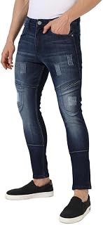 Campus Sutra Men's Blue Self-Design Patched Denim Jeans for Casual Wear | Dark-Wash | Regular Fit Mid Rise | Button Closur Price In India