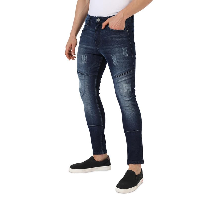 Image of Campus Sutra Men's Blue Self-Design Patched Denim Jeans for Casual Wear | Dark-Wash | Regular Fit | Button Closure | Cotton Mid Rise Denim Jeans Crafted with Comfort Fit for Everyday Wear, 28