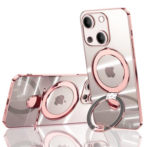 JOOBOY iPhone 14 6.1” 用 ケース MagSafe対応 クリア リング付き メッキ仕上げ レンズカバー付き ソフトTPU 耐衝撃 傷に強い背面 ワイヤレス充電 ストラップホール付き アイフォン14 磁気カバー (iPhone14 6.1", ローズゴールド)